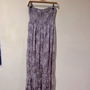 Guess 100% Silk Strapless Maxi Dress Lined Smocked L Tan Taupe Animal Print e1